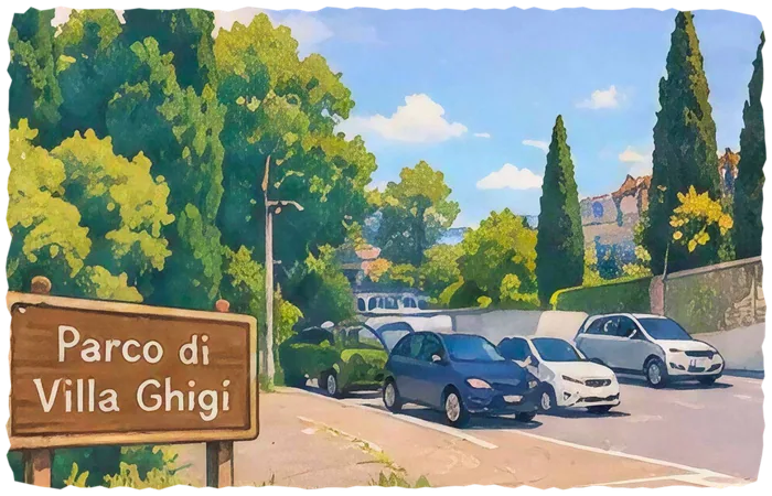 Il cartello marrone del Parco di Villa Ghigi accanto al parcheggio con alcune auto.