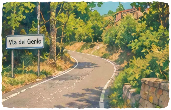 Il cartello di Via del Genio e la strada stretta che sale curvando tra gli alberi, con un muretto di pietra.
